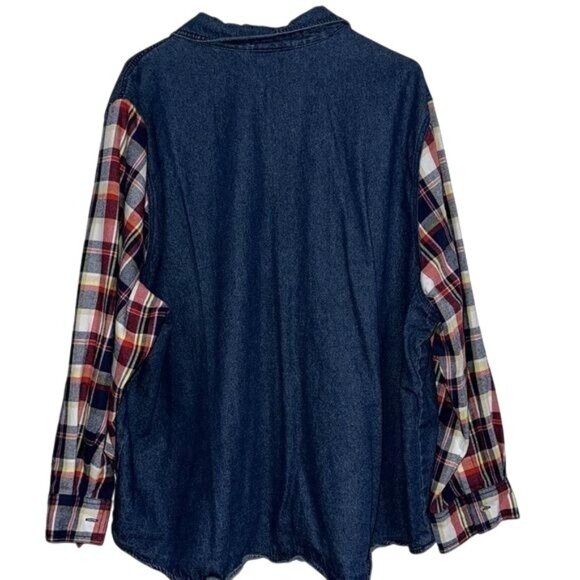Country Store Denim Shirt With Plaid Sleeves Button-Down 3X 100% Cotton Womens - Picture 7 of 8